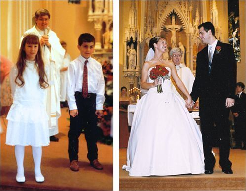 Evan and Bryan at their first communion and years later, at their wedding.