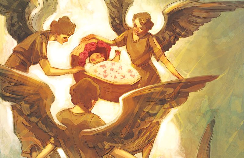 An artist's rendering of a trio of a winged angels carrying a baby in a cradle.