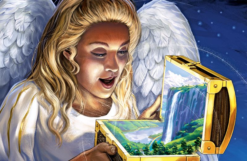An angel is delighted by opening a small treasure chest that holds a waterfall.