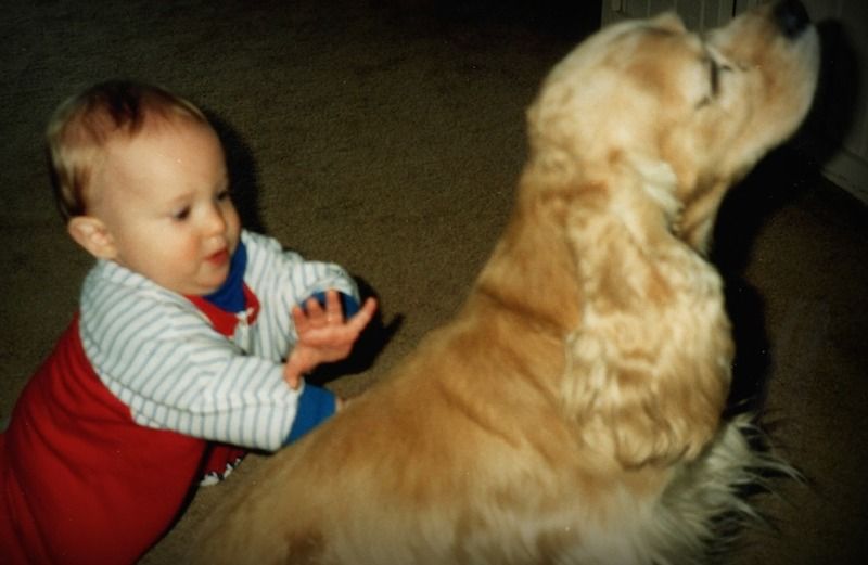 Jimmy as a toddler learning to walk with the family dog, Sherlock.