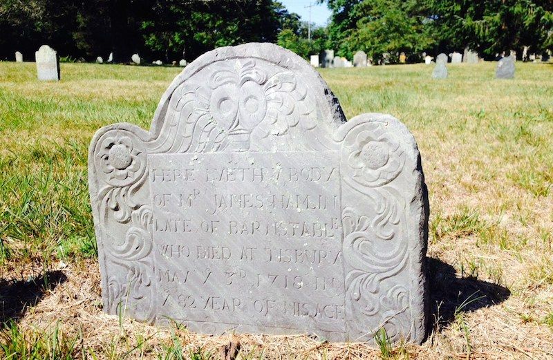 The headstone of James Hamlin who died in 1718.