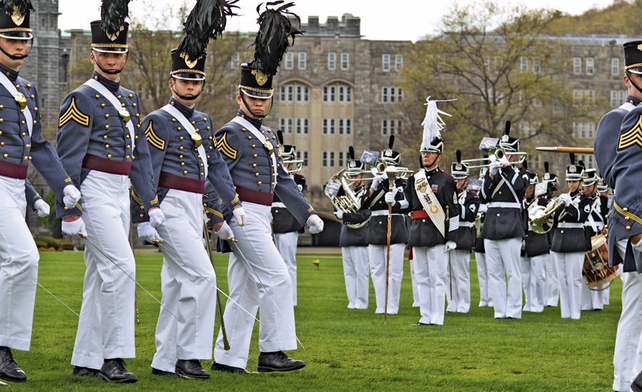 Cadets march in precision on the Plain, West Point’s parade field.