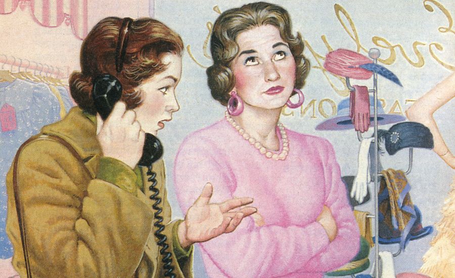 Illustration: A young woman makes a call while an impatient saleswoman stews.