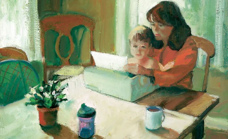 An artist's rendering of a woman sitting at a typewriter with a child in her lap