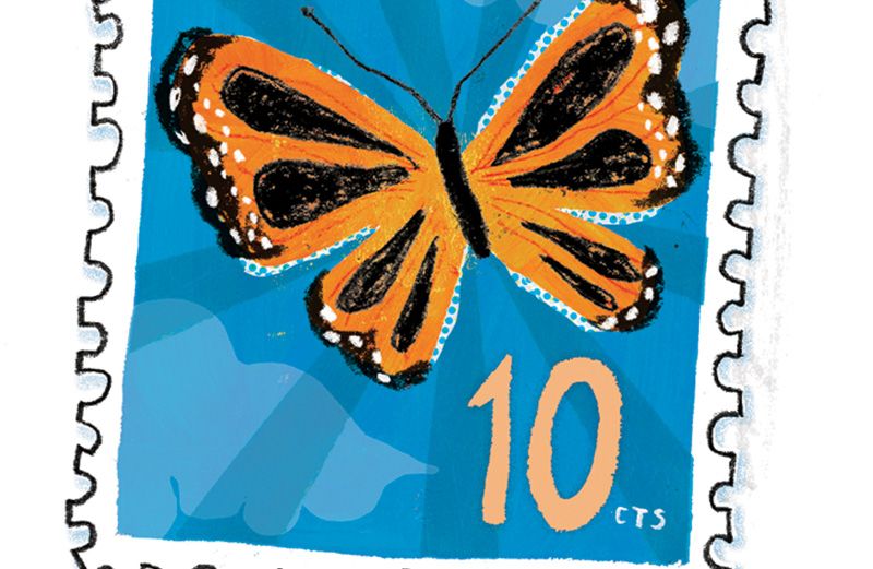 An artist's rendering of a ten-cent stamp with a butterfly pictured on it