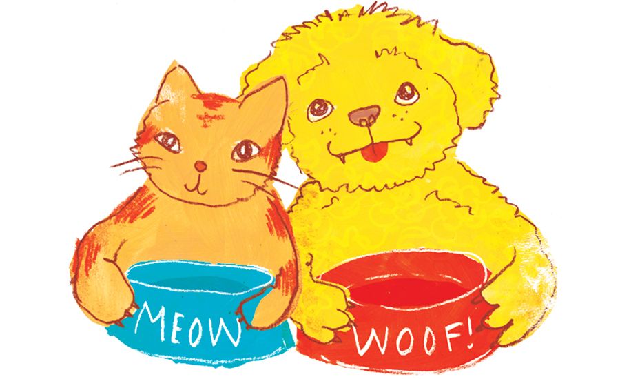 An artist's rendering of a dog and cat with empty food bowls.