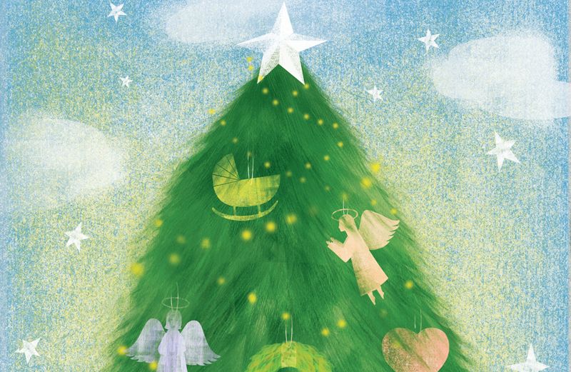 An artist's rendering of a Christmas tree decorated with angel ornaments
