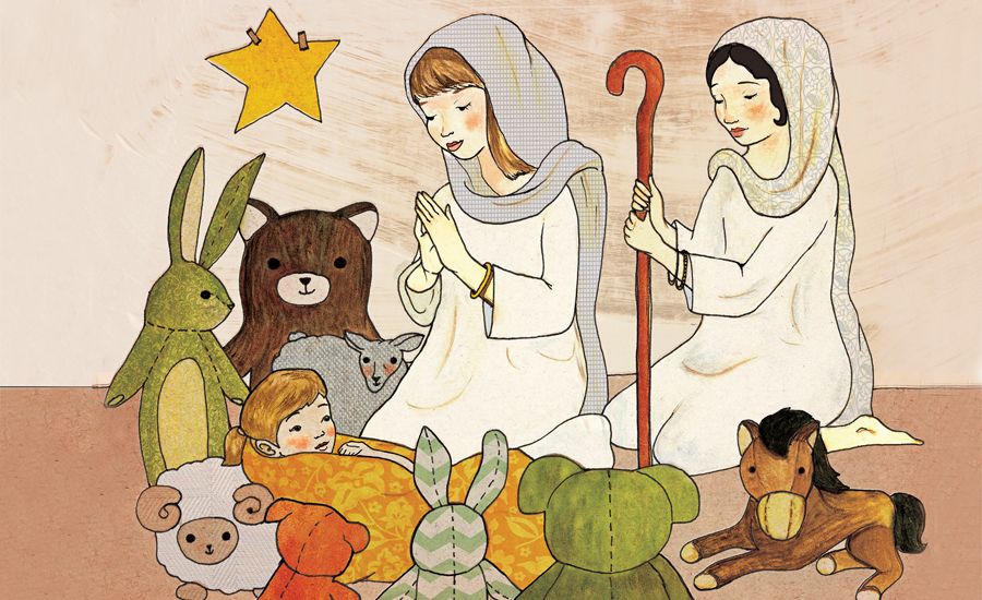 An artist's rendering of children performing a Nativity play.