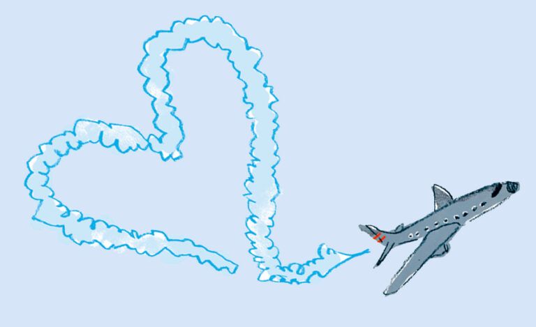 An illustration of a plane leaving a heart-shaped smoke trail