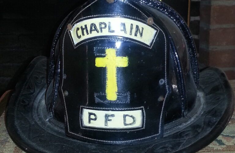 Dr. Norman Vincent Peale's helmet when he was a fire department chaplain