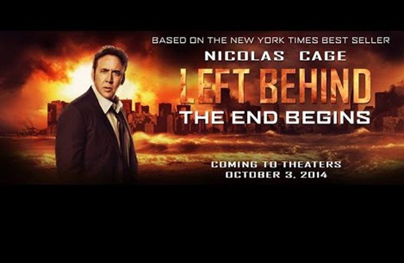 Nicolas Cage stands before fire in the movie poster for Left Behind