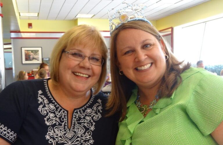 Michelle Cox, left, and her friend Carol Hatcher in tiara!