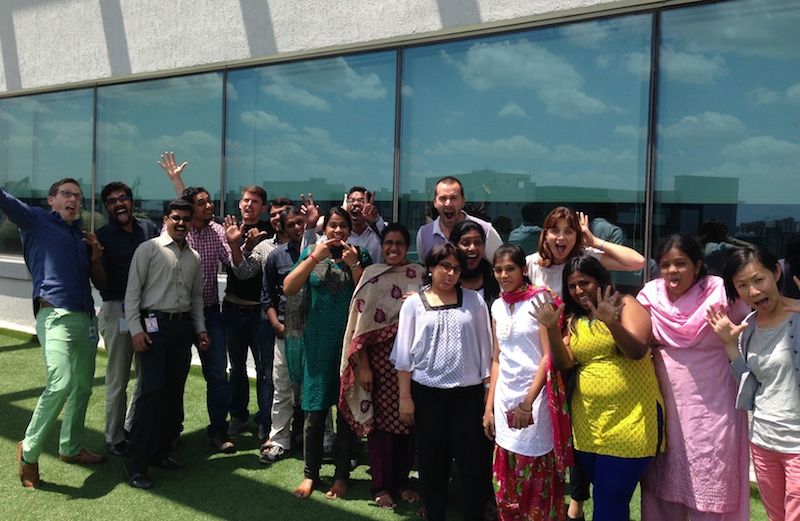 Rick Hamlin's son, far left in green pants, with the LinkedIn team in India