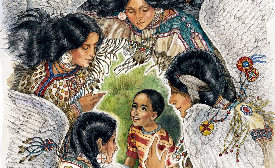 An artist's rendering of Native-American angels speaking to young Kenneth