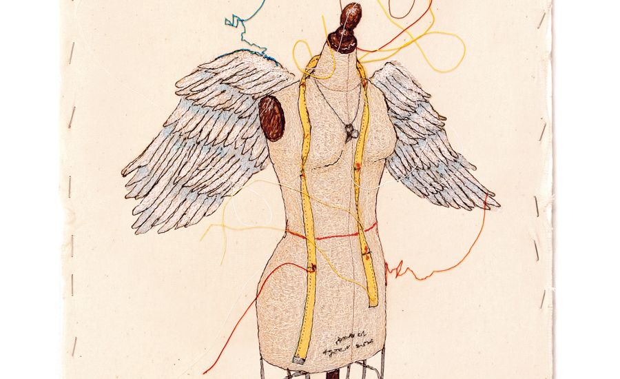 An artist's rendering of a dressmaker's form with angel wings
