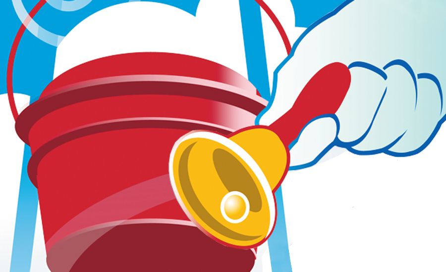 An artist's rendering of a gloved hand ringing a golden bell by a red pail