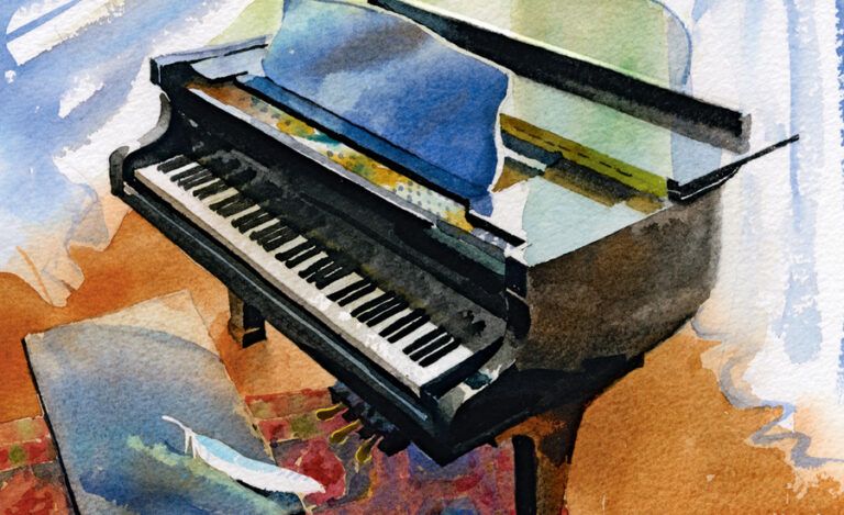 An artist's rendering of a piano and bench. An angel's feather is on the bench.