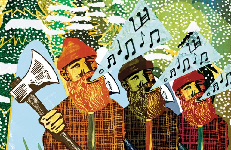 An artist's rendering of three winged lumberjacks, raising voices in song