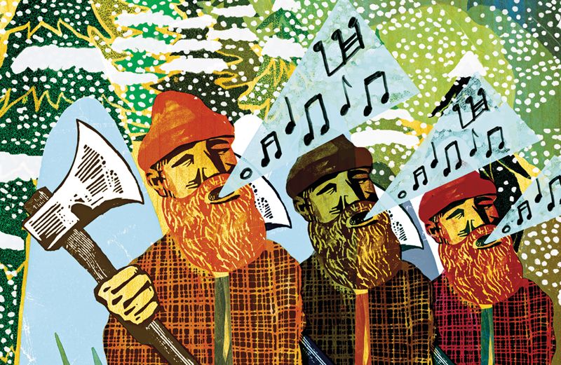 An artist's rendering of three winged lumberjacks, raising voices in song