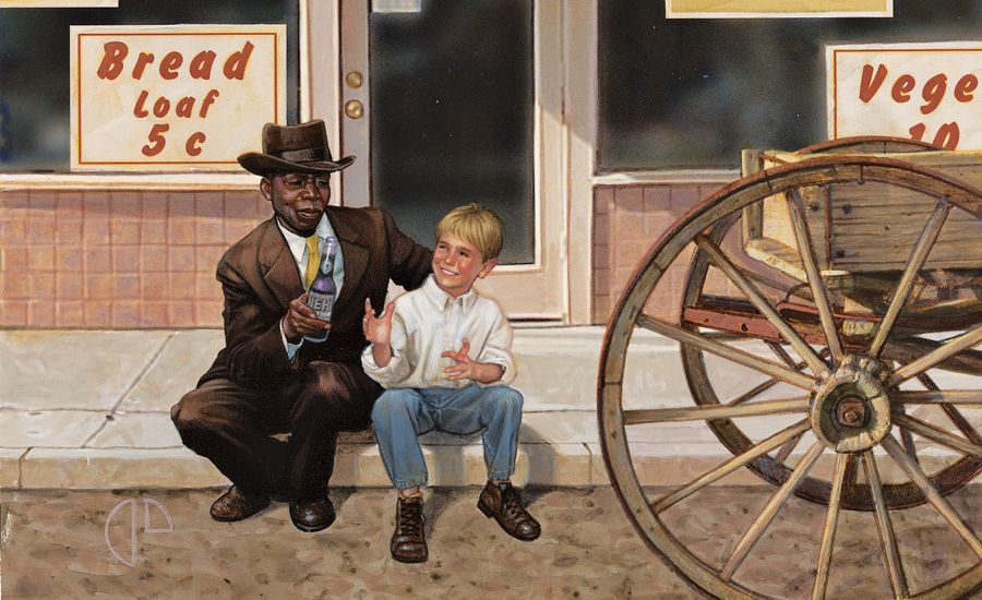 An artist's rendering of Walter P. Smith and King Brooks sitting on a curb