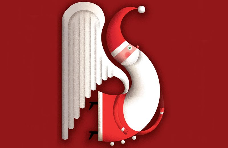 An artist's stylized rendering of Santa Claus with white angel wings