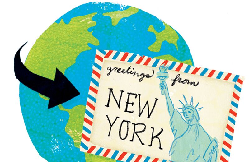 An artist's whimsical rendering of a postcard traveling around the world