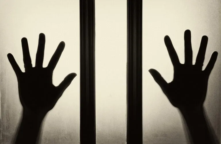 Two hands of a trapped person pressed against glass