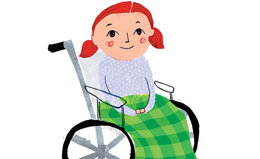 A pig-tailed girl in a wheelchair with a fleeve blanket covering her lap
