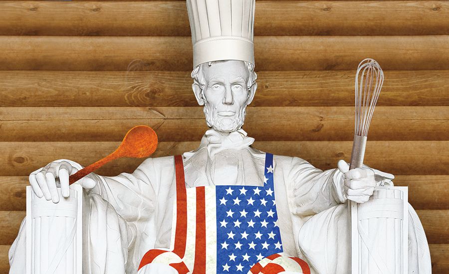 A statue of Abe Lincoln in chef's hat with kitchen tools in his hands