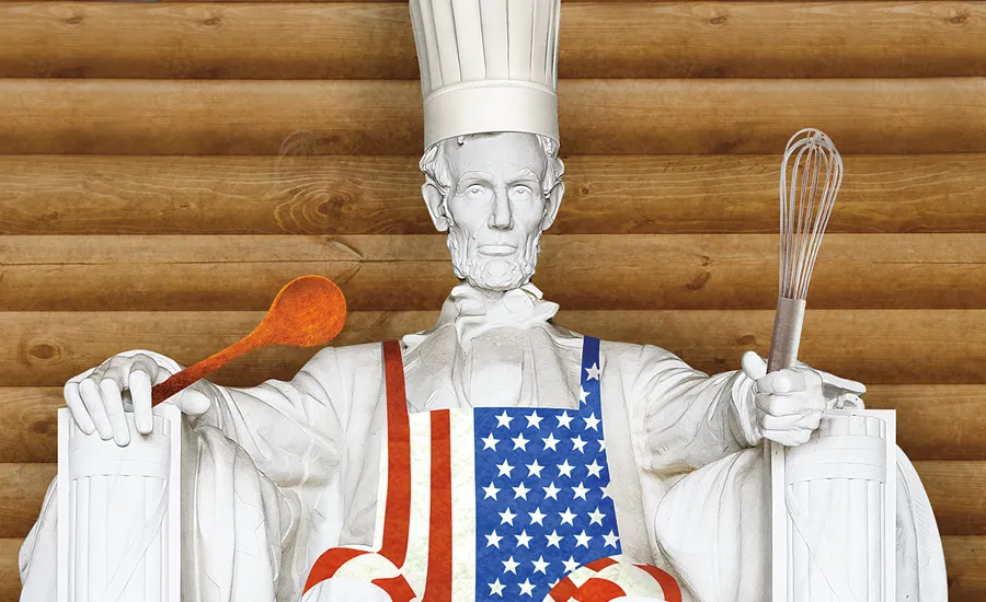 A statue of Abe Lincoln in chef's hat with kitchen tools in his hands