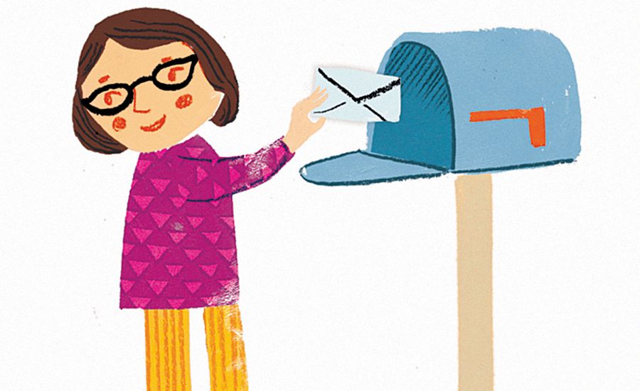 An artist's rendering of a woman mailing a letter