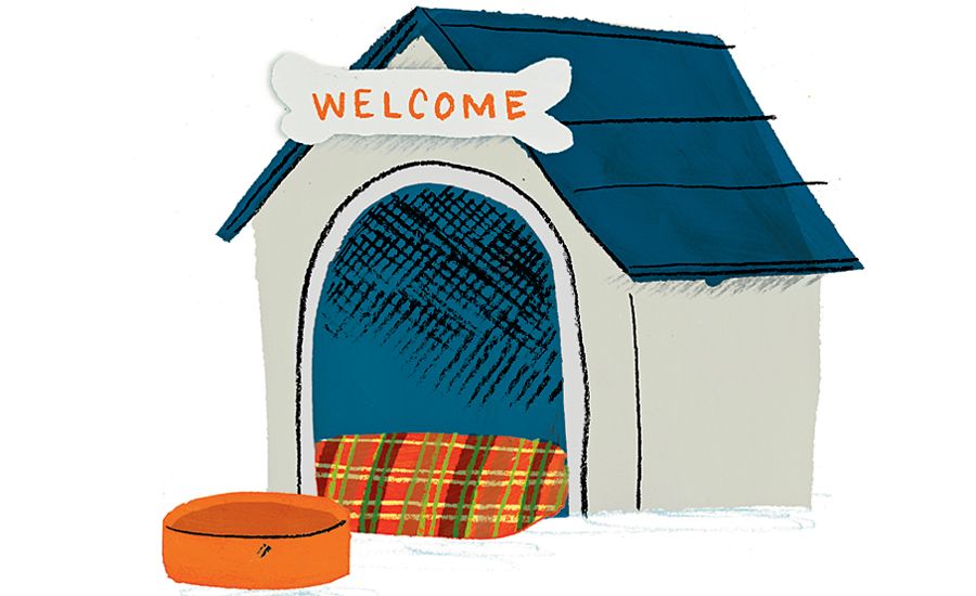 An artist's rendering of a dog house with a Welcome sign