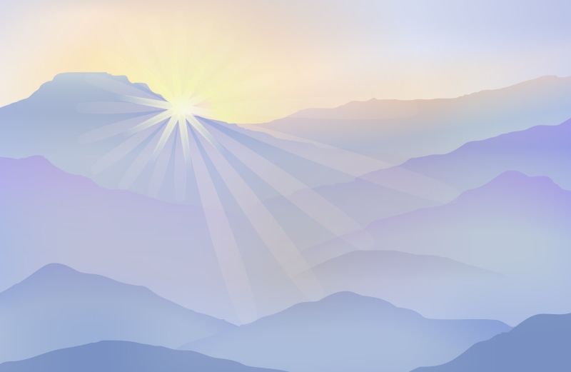 Illustration of the sun rising over mountains:Shutterstock