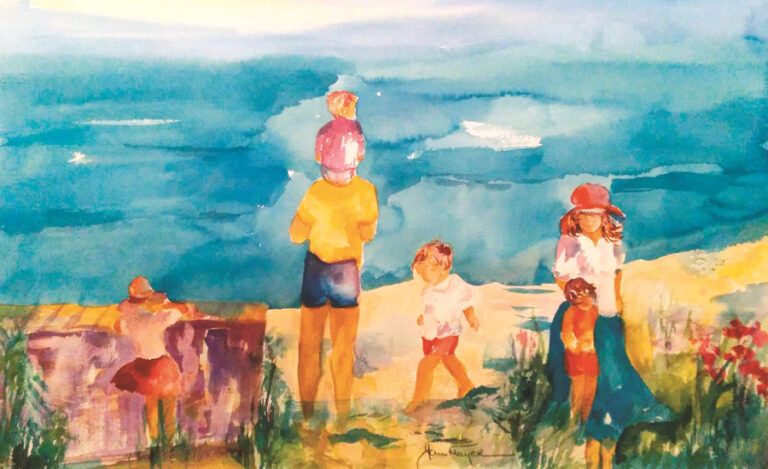 Artist Jan Mayer's painting of a family on a beach
