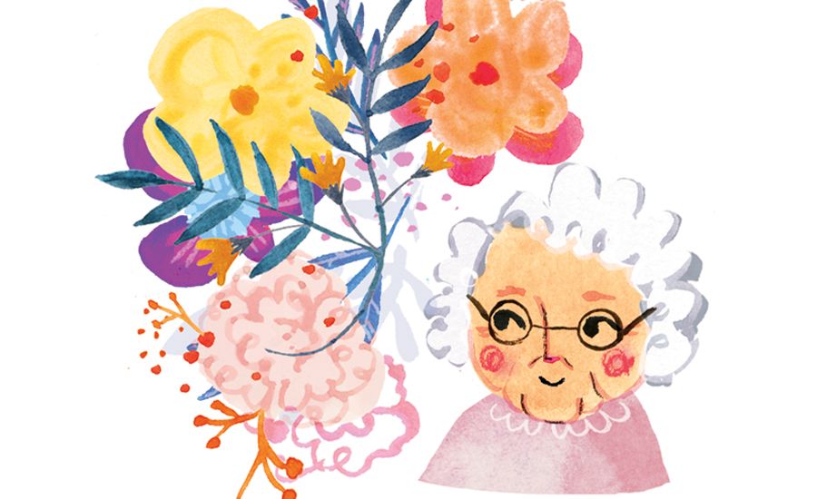 Inspiring illustration depicting a smiling senior with a bouquet of flowers
