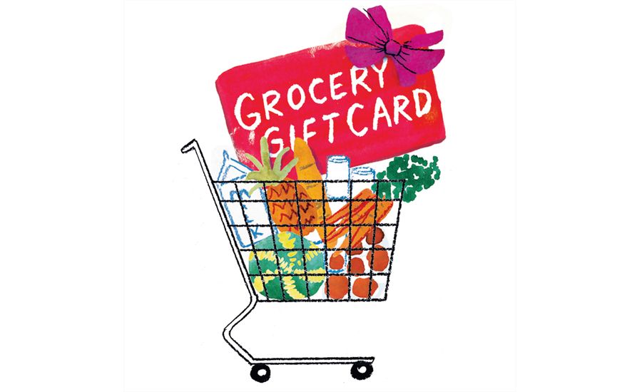 An artist's rendering of a grocery cart filled with a food and a giant gift card