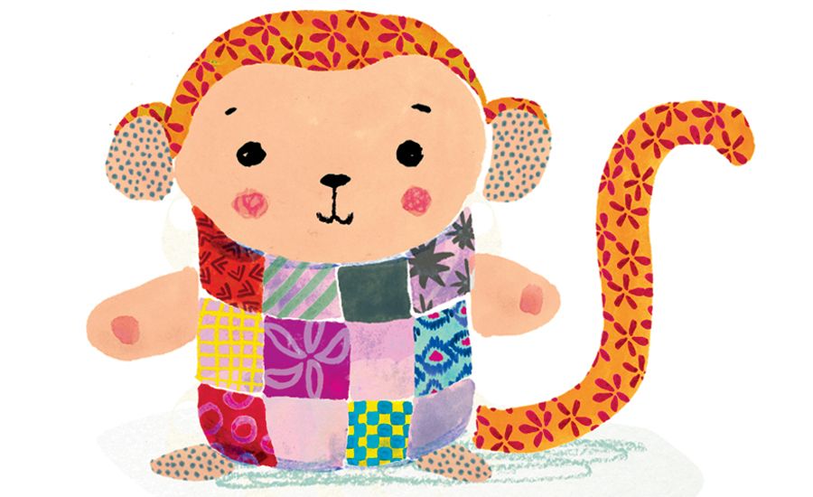 An artist's rendering of a stuffed monkey made of assorted fabric swatches