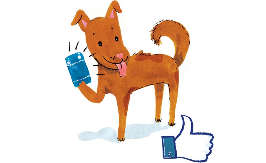 An artist's rendering of a dog taking a selfie with a smart phone