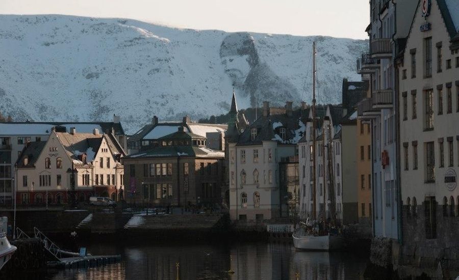 Sulamannen, the snow man who watches over the Norwegian port city of Ålesund.