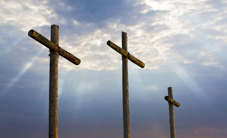 Three crosses at Calvary at dawn to signify Good Friday reflection
