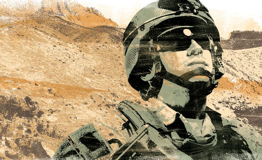An artist's rendering of a soldier looking heavenward in the desert of Iraq