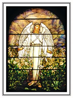 The angel of the Resurrection Window stands amongst the lilies