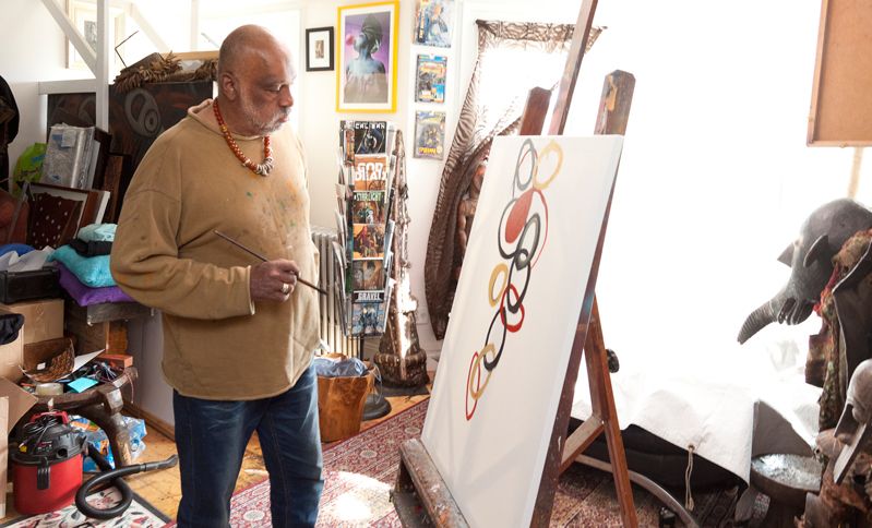 Danny Simmons is inspired to work on a painting in his Brooklyn studio.
