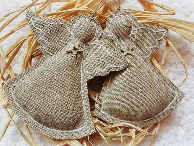 Angels crafted from burlap.