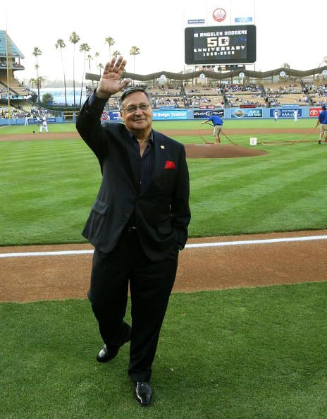 Jaime waves to the fans during the Dodgers' 50th anniversary in Los Angeles celebration