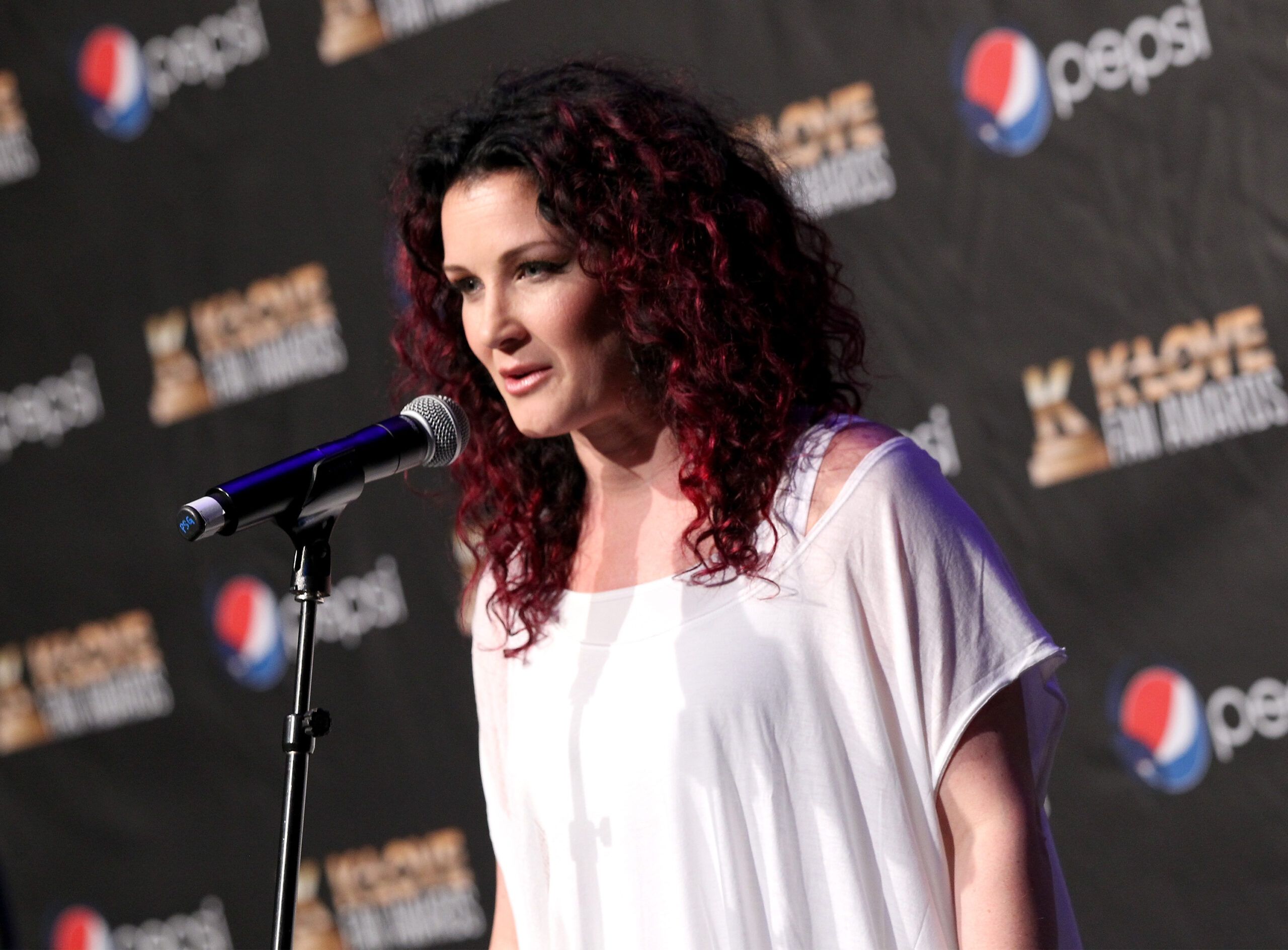 Christian singer Plum answers questions backstage at the K LOVE Fan Awards