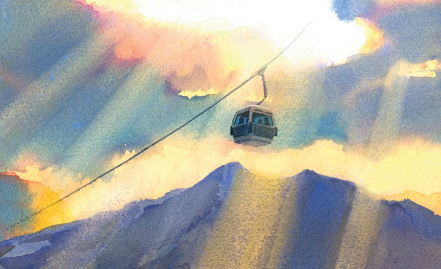 A ski gondola rises, with heavenly streams of light pouring down