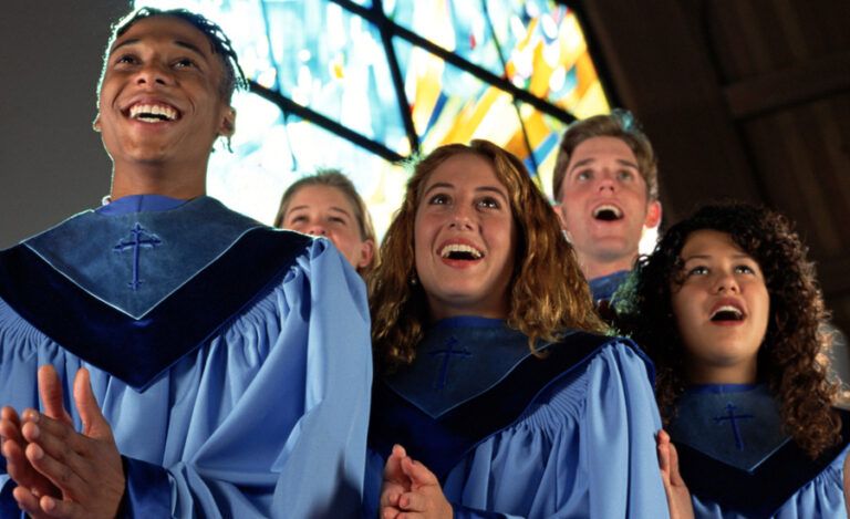 A choir sings joyfully.