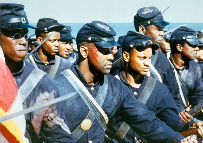 Andre Braugher (far left) and Denzel Washington (center) are among those cast as members of the Civil War's first all-black volunteer company.