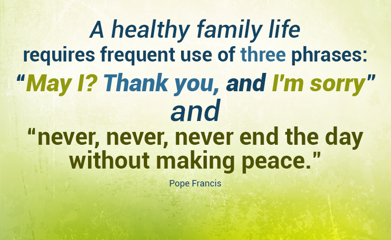A healthy family life requires frequent use of three phrases: "May I? Thank you, and I'm sorry" and "never, never, never end the day without making peace." Pope Francis